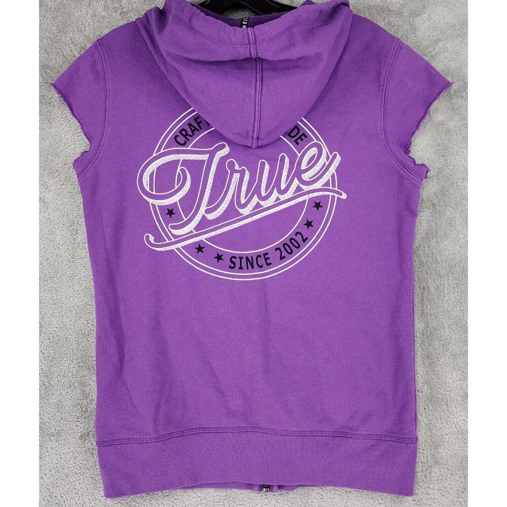 True Religion Hoodie Womens Small Purple Full Zip Cutoff Sleeves Sweatshirt